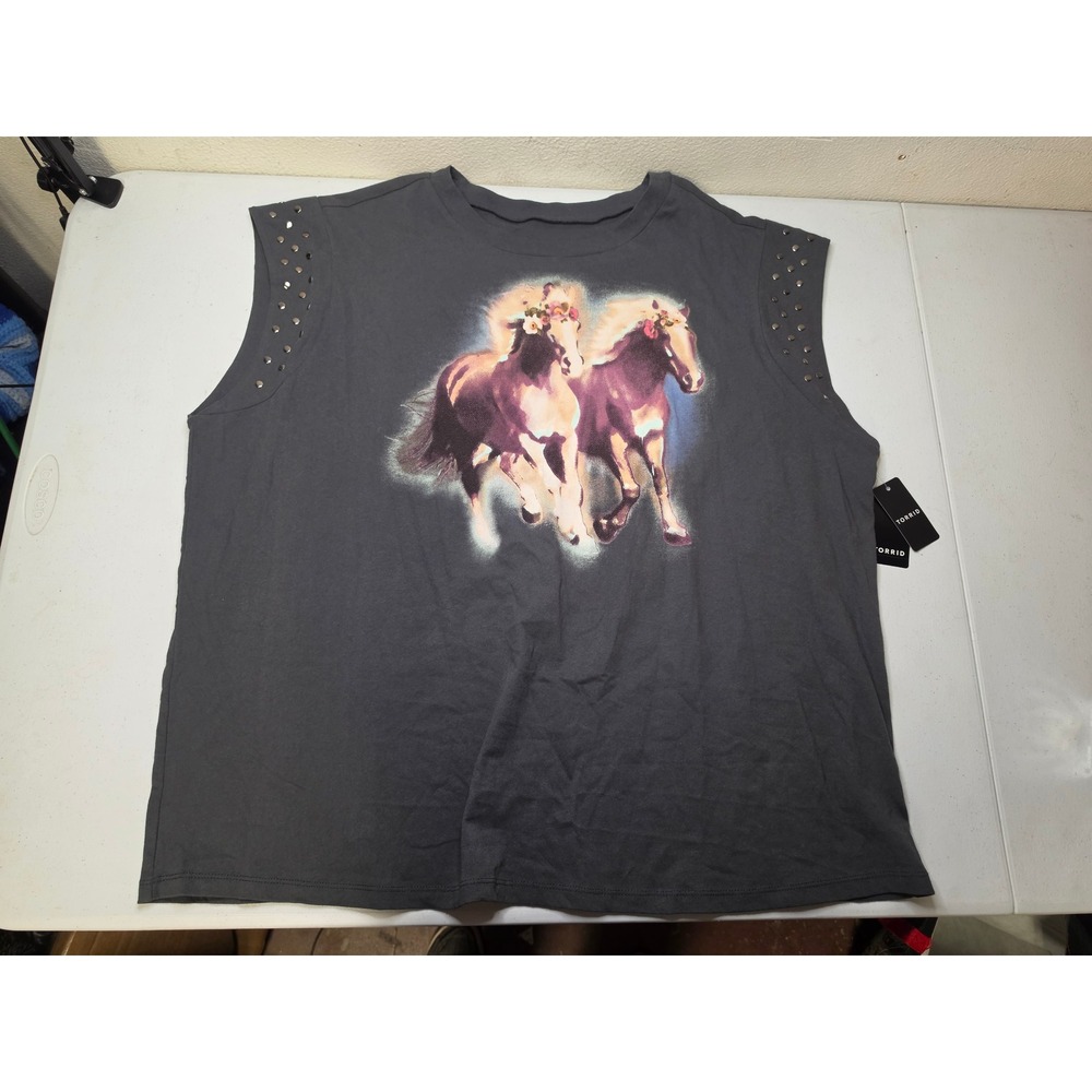 Torrid Wild Horses Studded Dolman Tee Vintage Black Cotton Graphic Top 2X 18-20